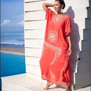 Bali Queen OS Embroidered Maxi Dress/ Cover Up in Coral